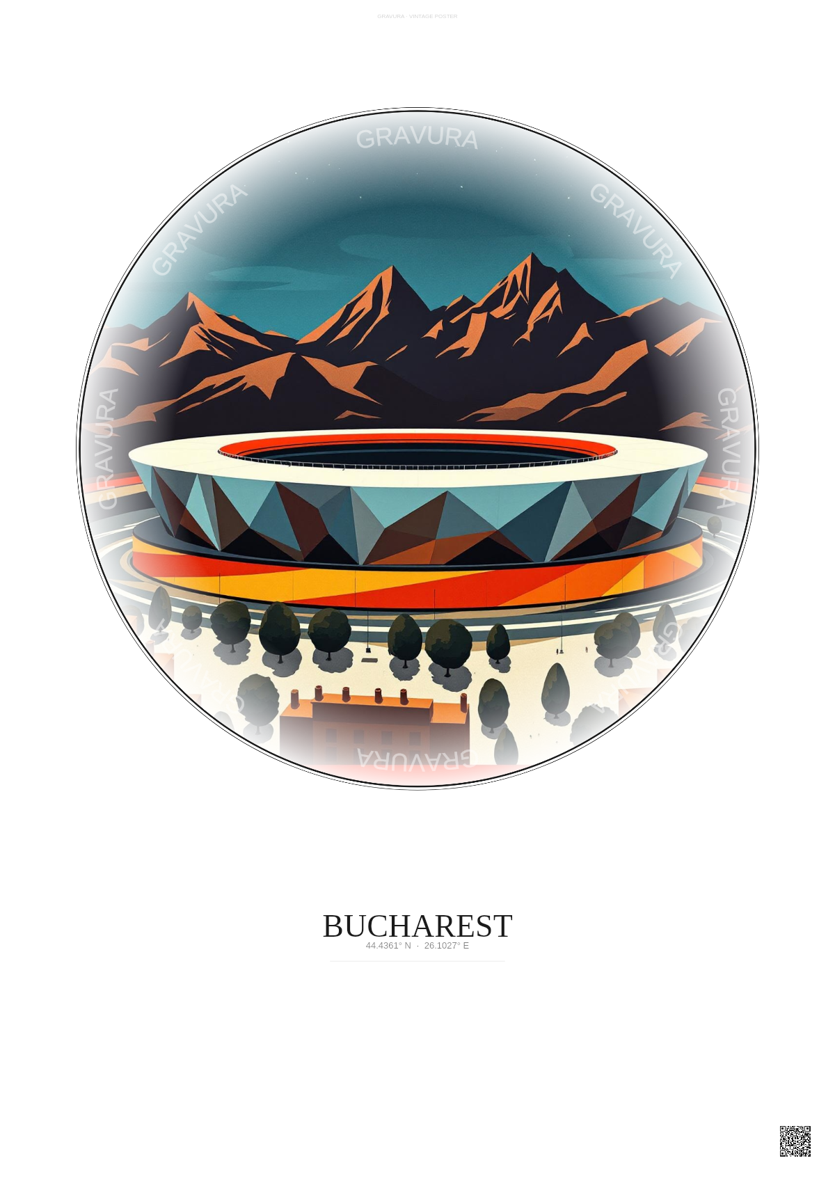 Affiche Bucharest – Poster illustration vintage – National Arena | Gravura – Fond clair