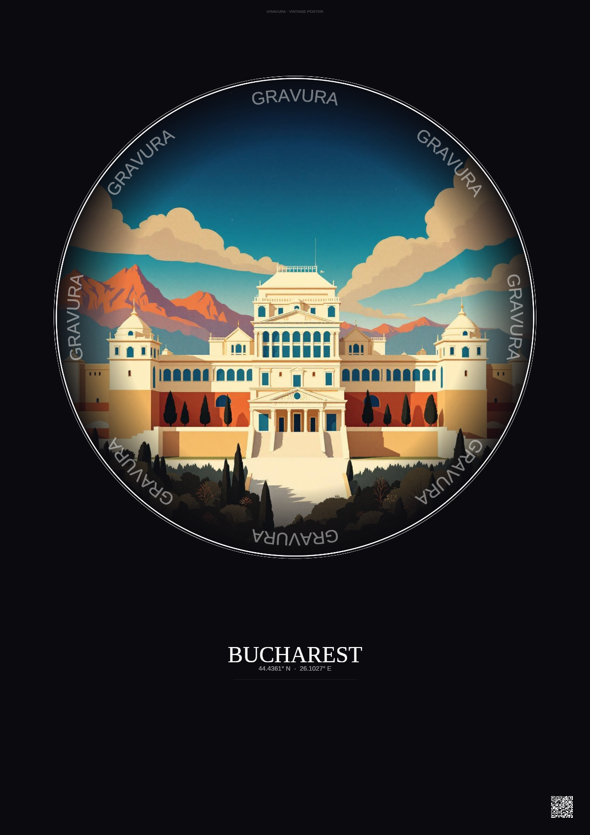Affiche Bucharest – Poster illustration vintage – Palace Of The Parliament | Gravura – Fond foncé