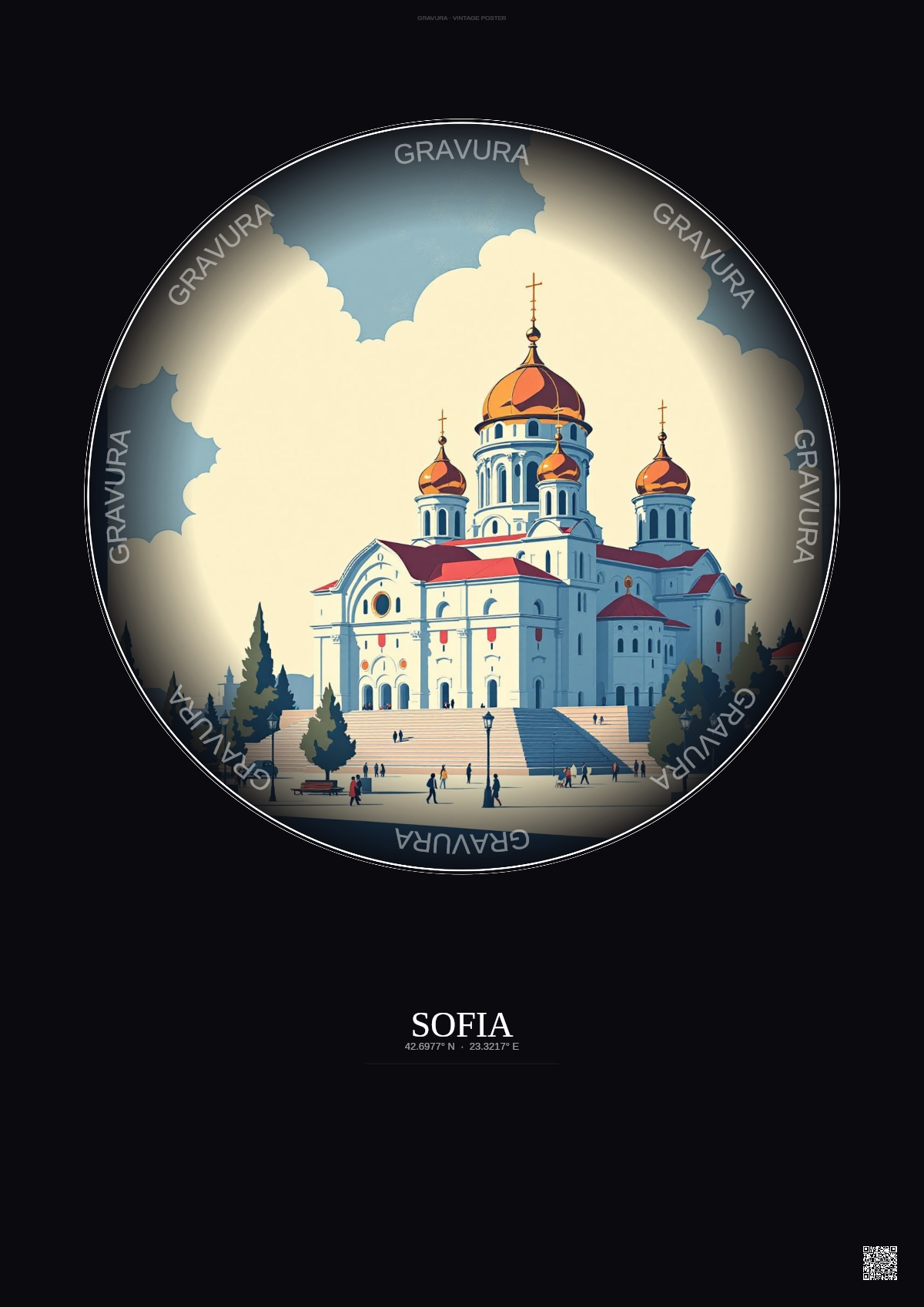 Affiche Sofia – Poster illustration vintage – Alexander Nevsky Cathedral | Gravura – Fond foncé
