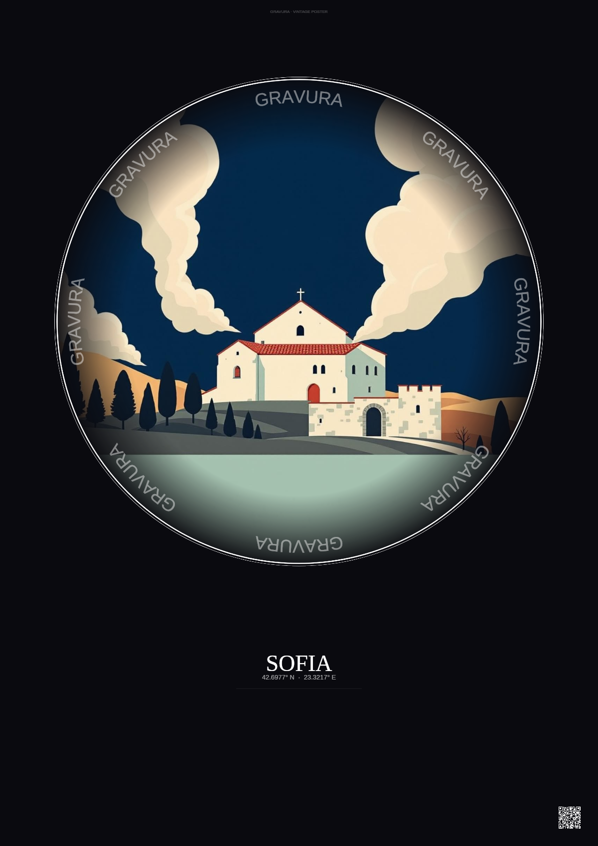 Affiche Sofia – Poster illustration vintage – Boyana Church | Gravura – Fond foncé