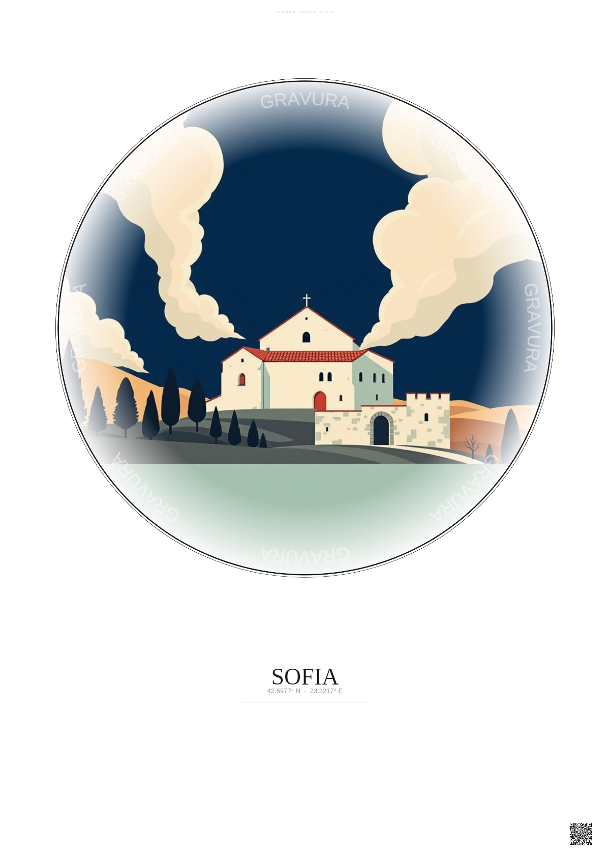 Affiche Sofia – Poster illustration vintage – Boyana Church | Gravura – Fond clair