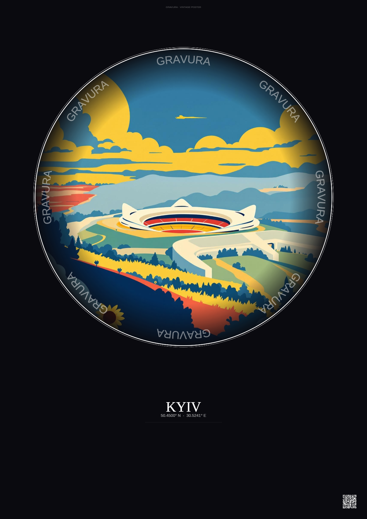 Affiche Kyiv – Poster illustration vintage – Olimpiyskiy National Sports Complex | Gravura – Fond foncé