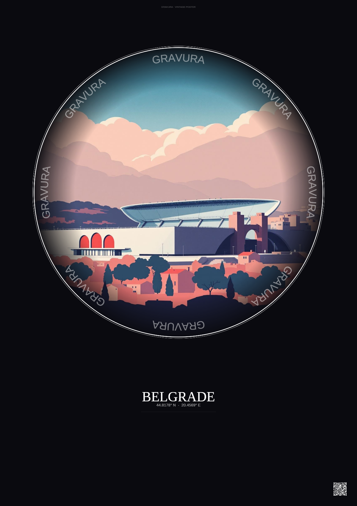 Affiche Belgrade – Poster illustration vintage – Rajko Mitic Stadium | Gravura – Fond foncé