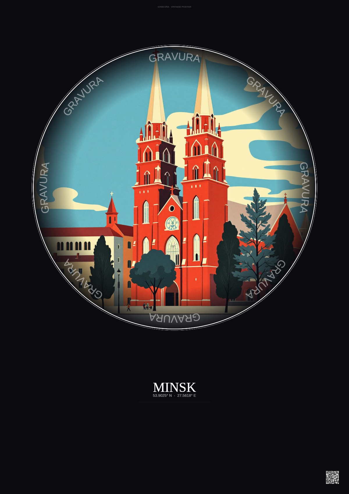 Affiche Minsk – Poster illustration vintage – Church Of Saints Simon And Helena | Gravura – Fond foncé