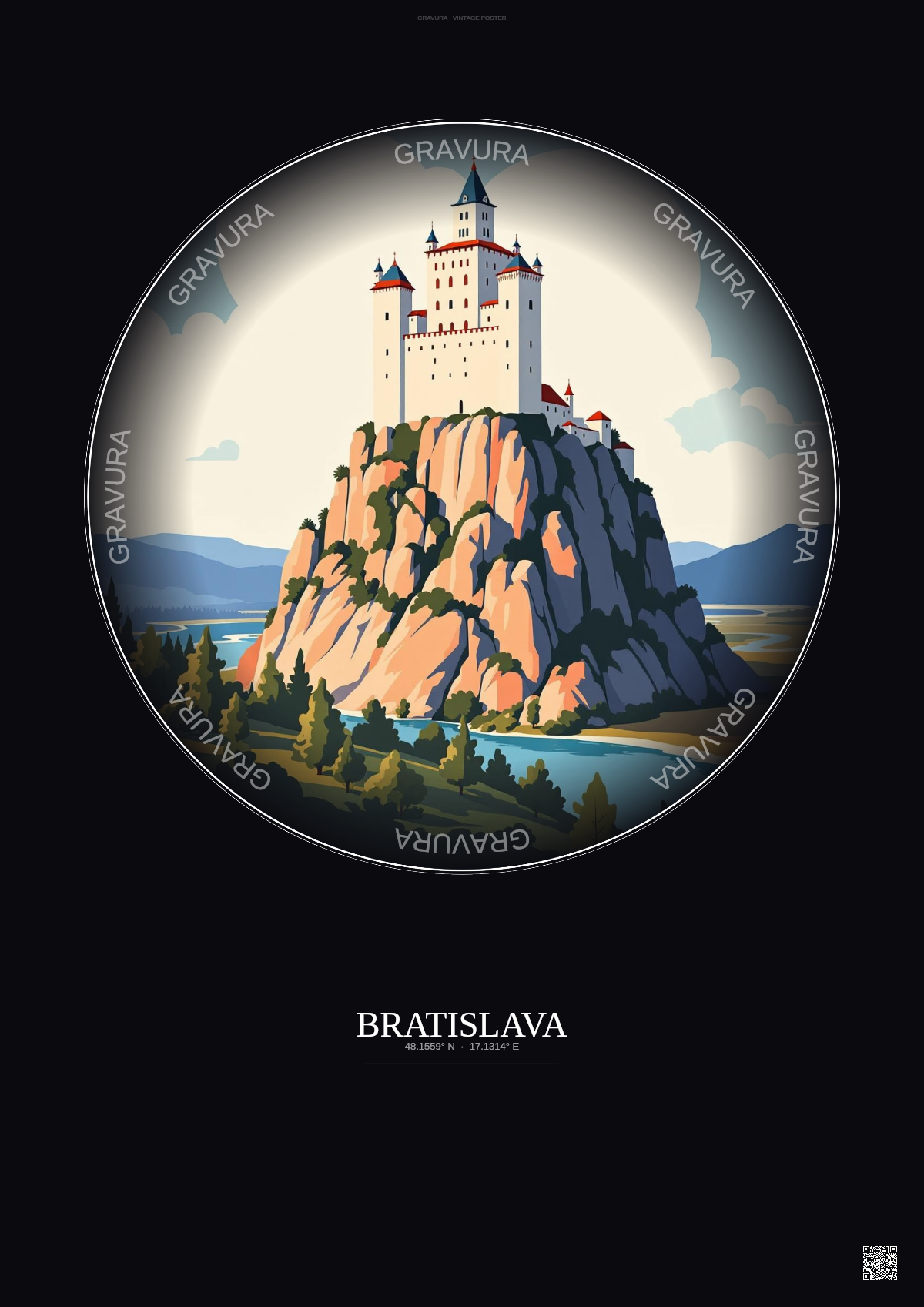 Affiche Bratislava – Poster illustration vintage – Bratislava Castle | Gravura – Fond foncé