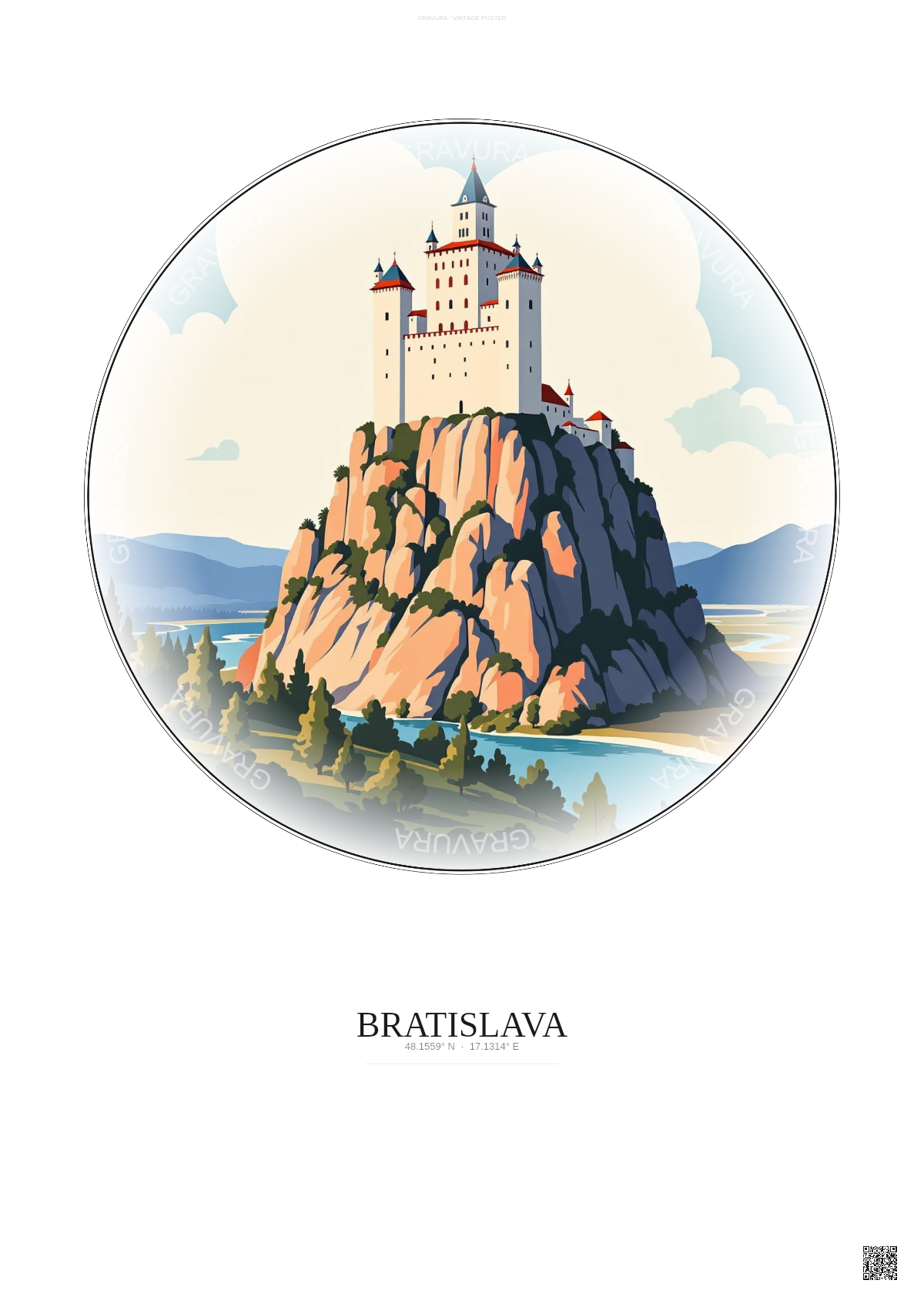 Affiche Bratislava – Poster illustration vintage – Bratislava Castle | Gravura – Fond clair