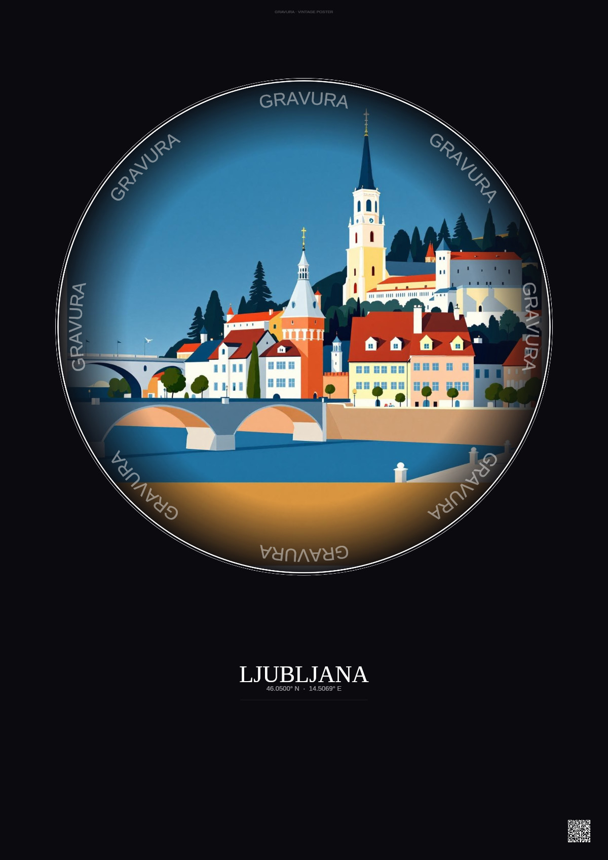 Affiche Ljubljana – Poster illustration vintage – Ljubljana | Gravura – Fond foncé