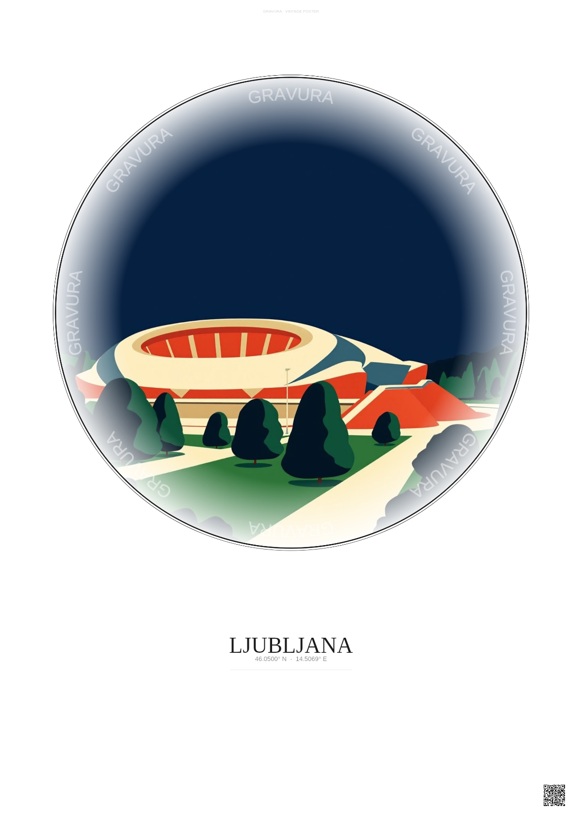Affiche Ljubljana – Poster illustration vintage – Stozice Stadium | Gravura – Fond clair