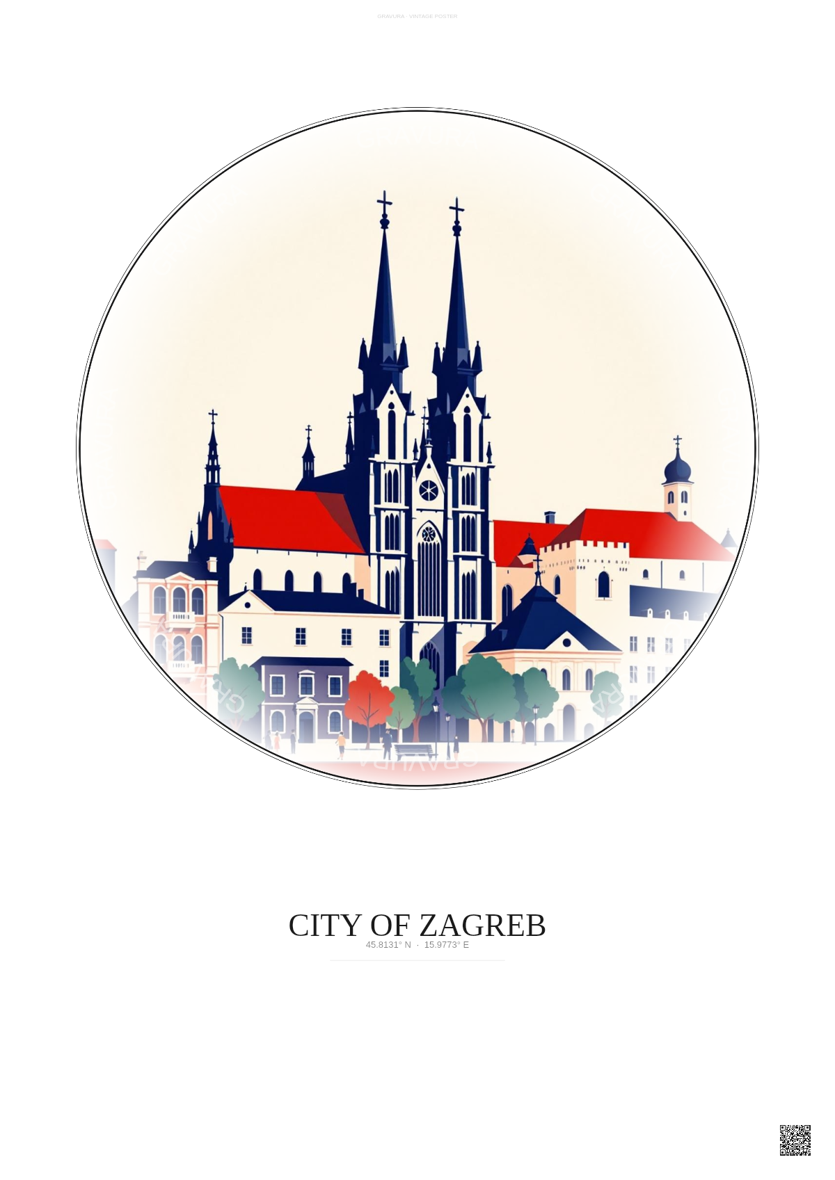 Affiche City Of Zagreb – Poster illustration vintage – Most Iconic Landmark Of City Of Zagreb | Gravura – Fond clair
