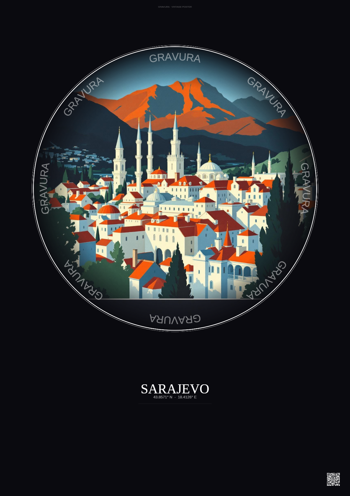 Affiche Sarajevo – Poster illustration vintage – Sarajevo | Gravura – Fond foncé