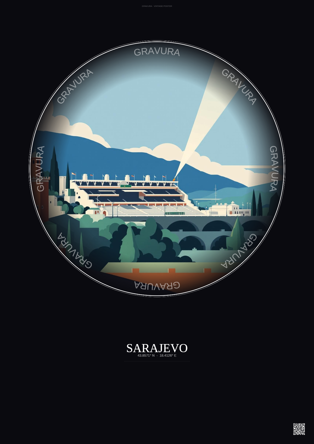 Affiche Sarajevo – Poster illustration vintage – Stadion Grbavica | Gravura – Fond foncé