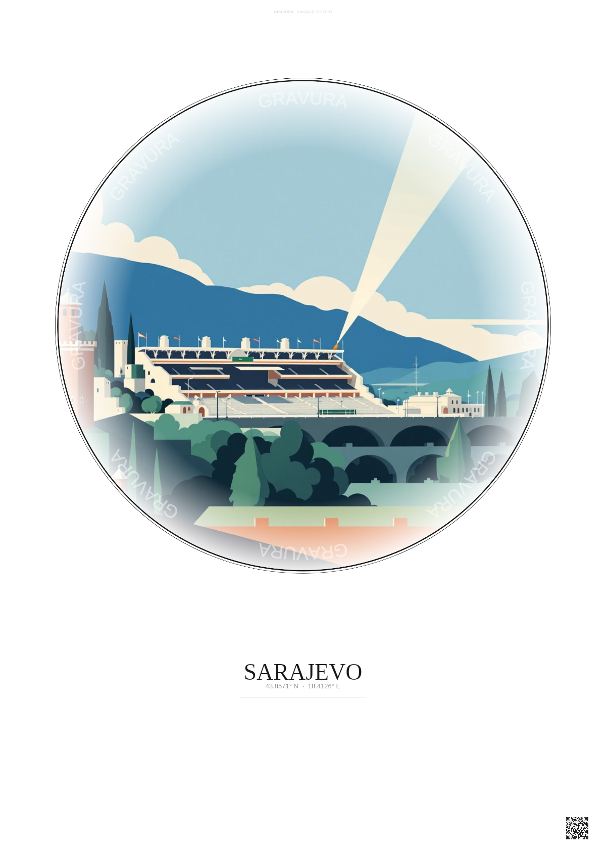 Affiche Sarajevo – Poster illustration vintage – Stadion Grbavica | Gravura – Fond clair