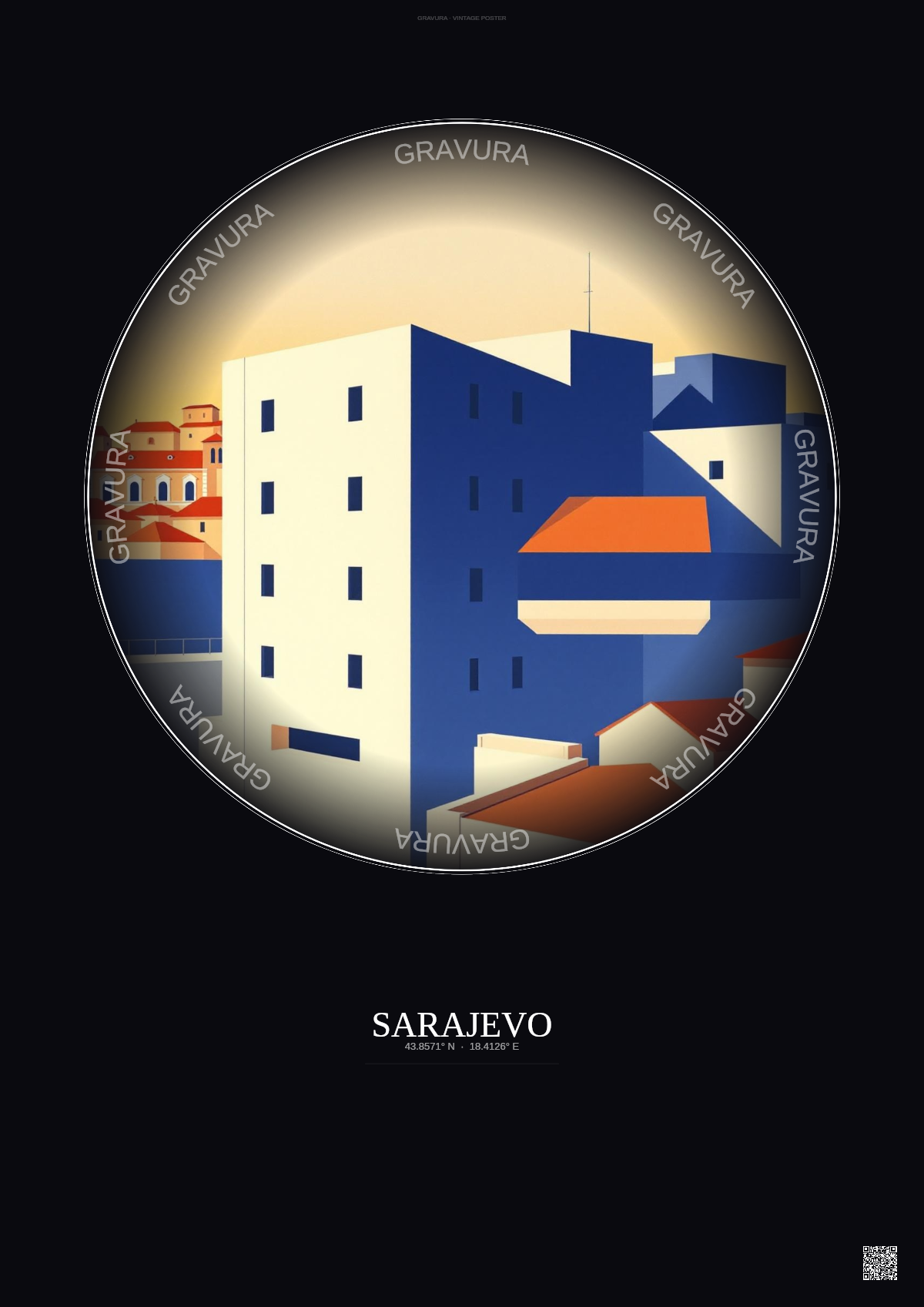 Affiche Sarajevo – Poster illustration vintage – War Childhood Museum | Gravura – Fond foncé