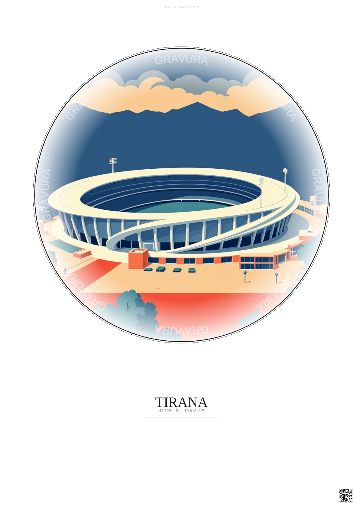 Affiche Tirana – Poster illustration vintage – Air Albania Stadium | Gravura – Fond clair