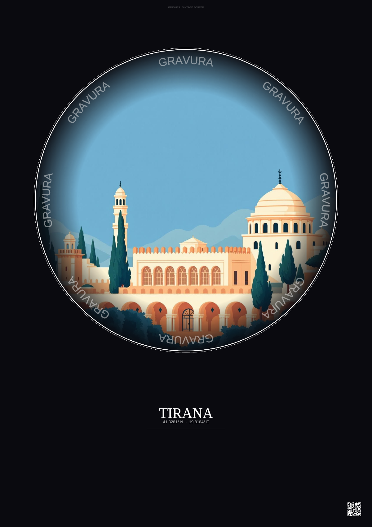 Affiche Tirana – Poster illustration vintage – Et Hem Bey Mosque | Gravura – Fond foncé