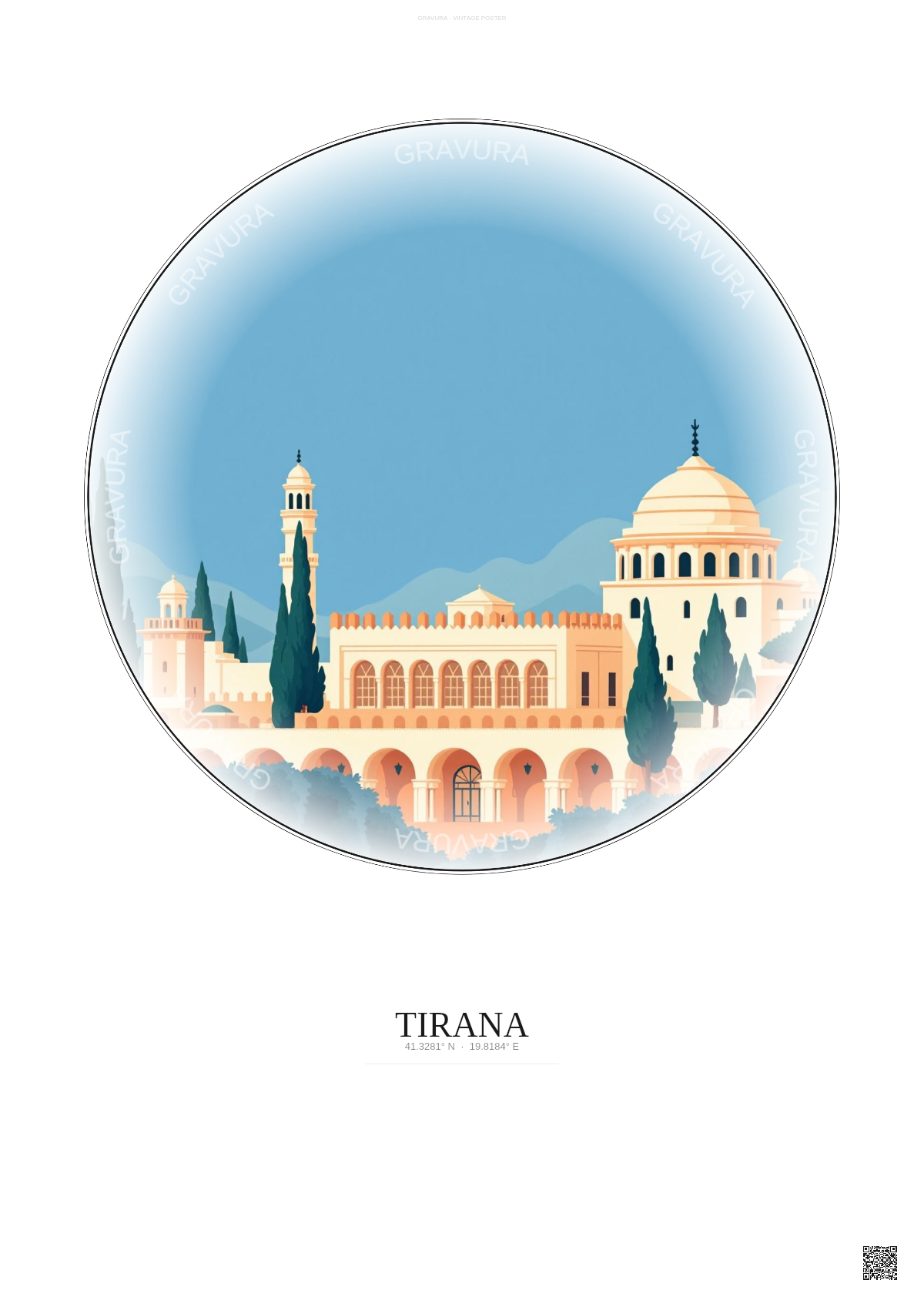 Affiche Tirana – Poster illustration vintage – Et Hem Bey Mosque | Gravura – Fond clair