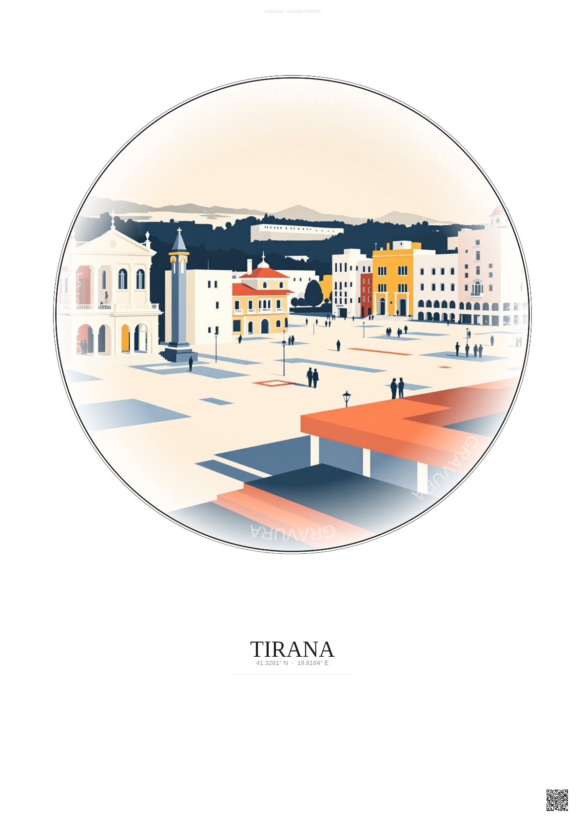 Affiche Tirana – Poster illustration vintage – Skanderbeg Square | Gravura – Fond clair