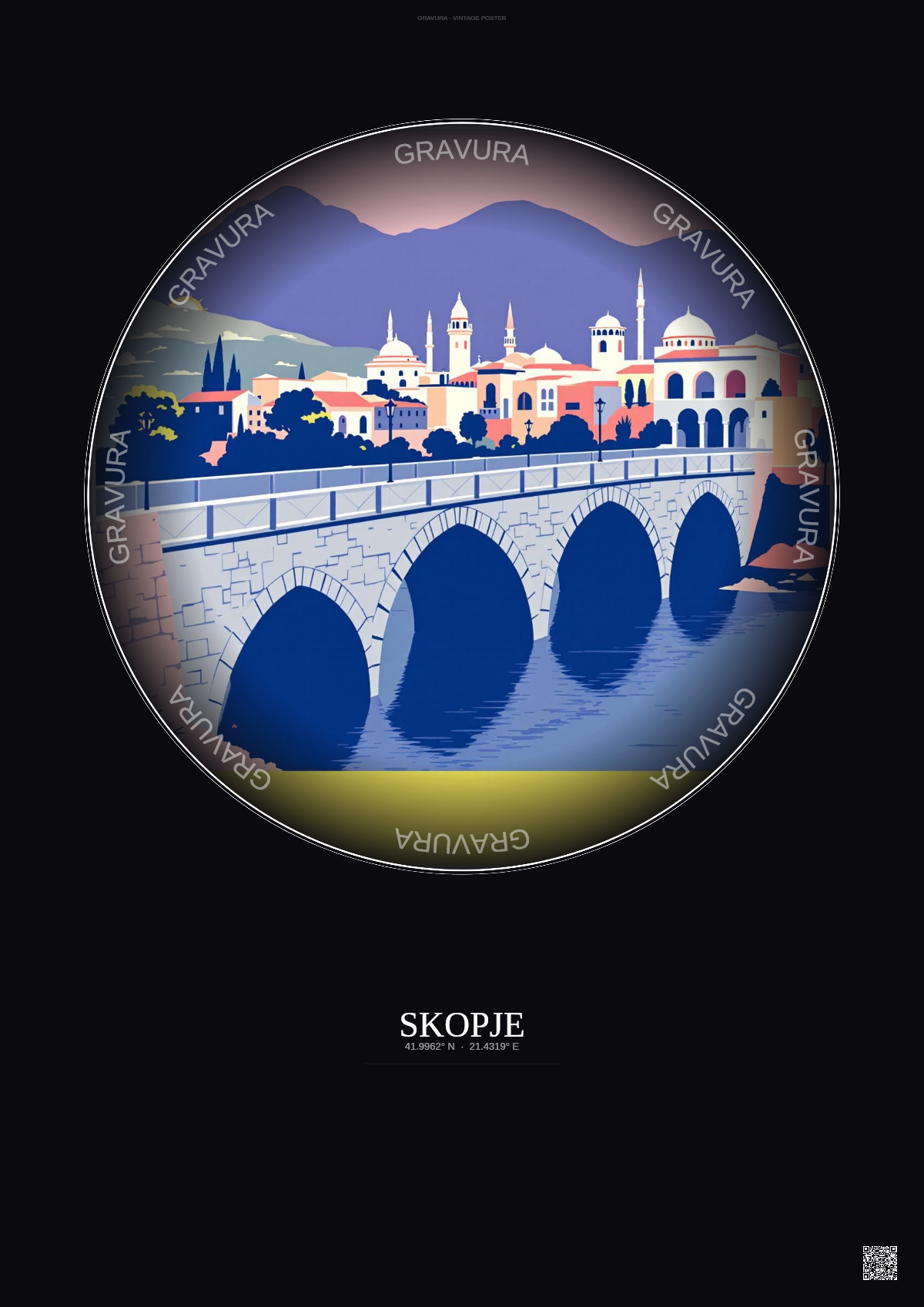 Affiche Skopje – Poster illustration vintage – Skopje | Gravura – Fond foncé