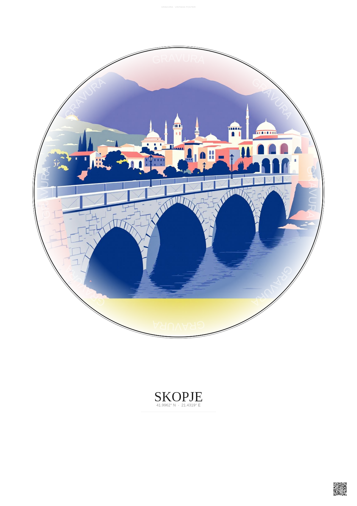 Affiche Skopje – Poster illustration vintage – Skopje | Gravura – Fond clair