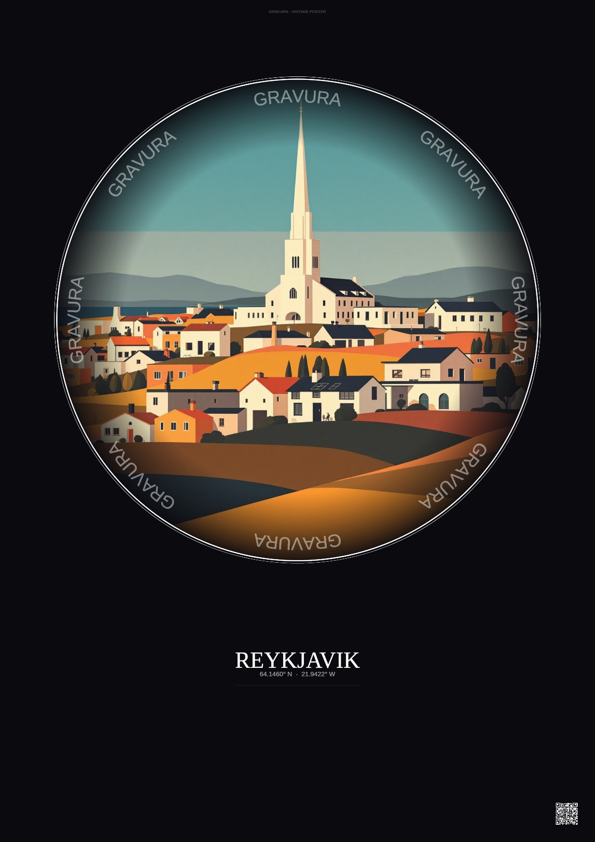Affiche Reykjavik – Poster illustration vintage – Famous Viewpoint Of Reykjavik | Gravura – Fond foncé
