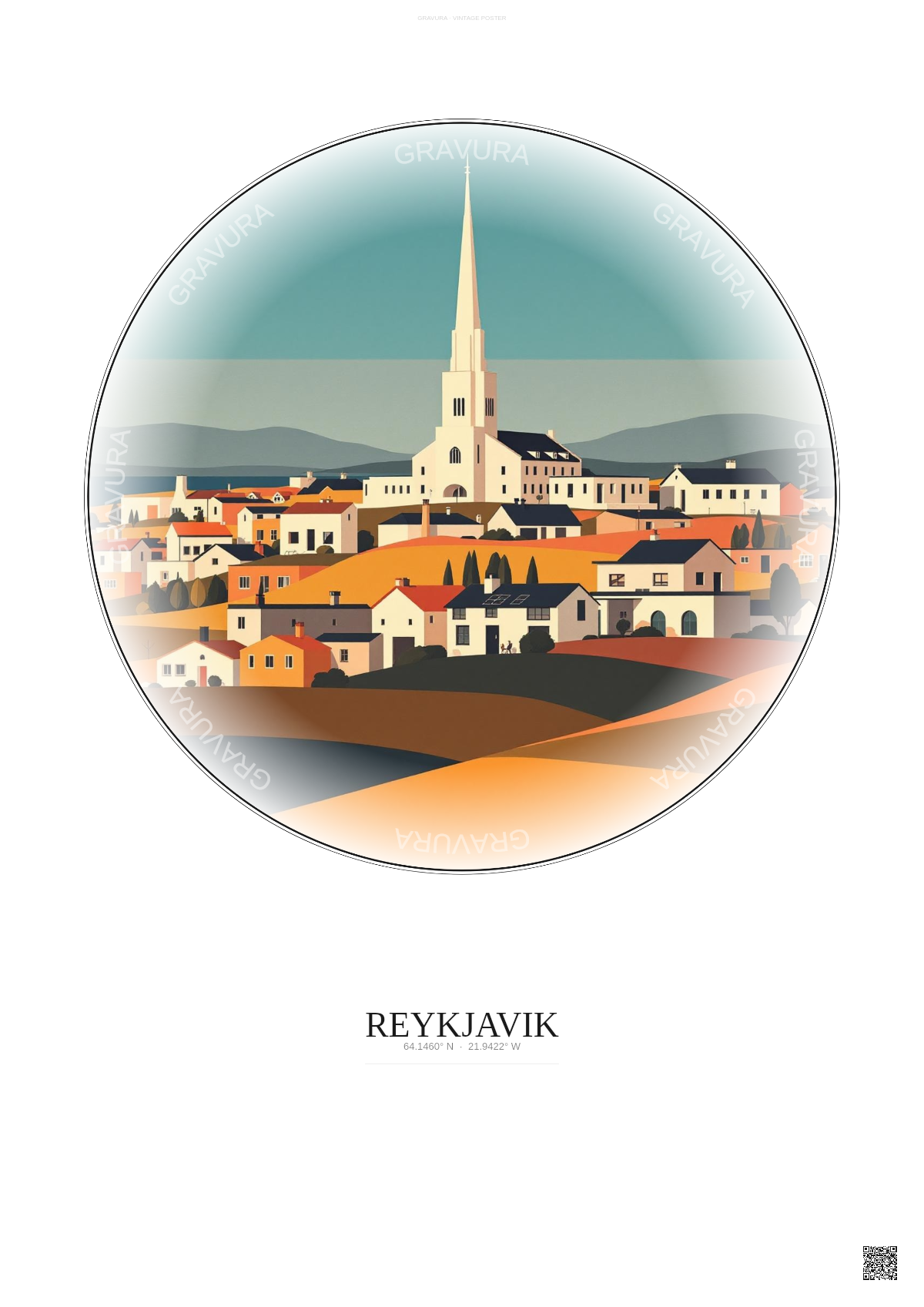 Affiche Reykjavik – Poster illustration vintage – Famous Viewpoint Of Reykjavik | Gravura – Fond clair