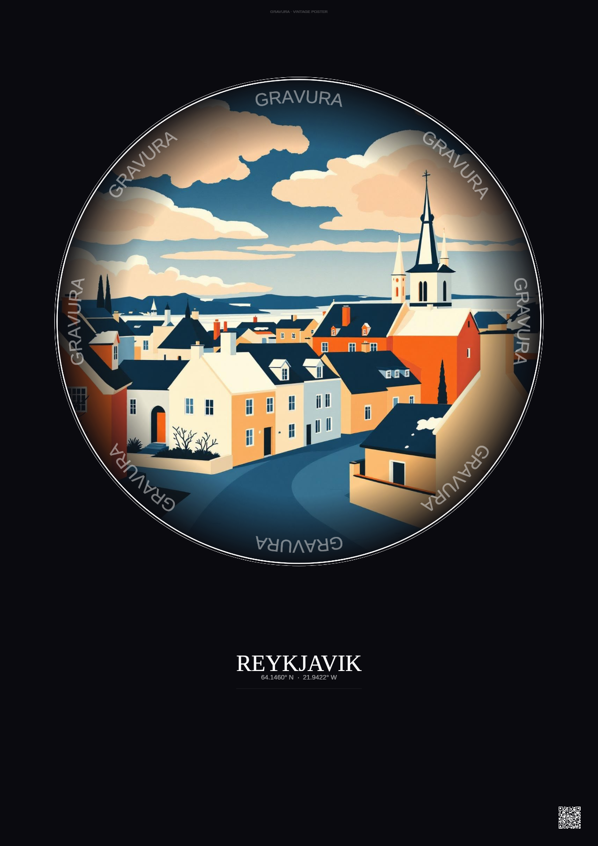 Affiche Reykjavik – Poster illustration vintage – Historic Old Town Of Reykjavik | Gravura – Fond foncé