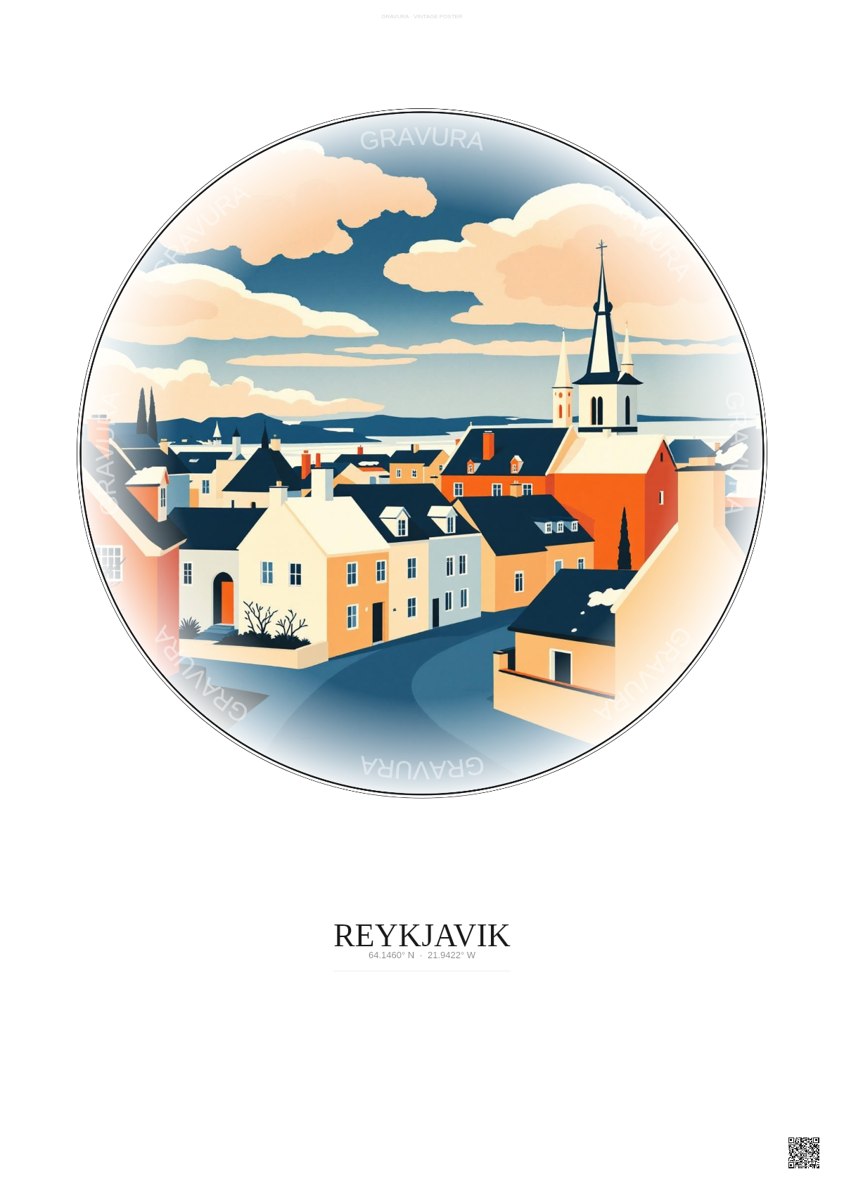 Affiche Reykjavik – Poster illustration vintage – Historic Old Town Of Reykjavik | Gravura – Fond clair