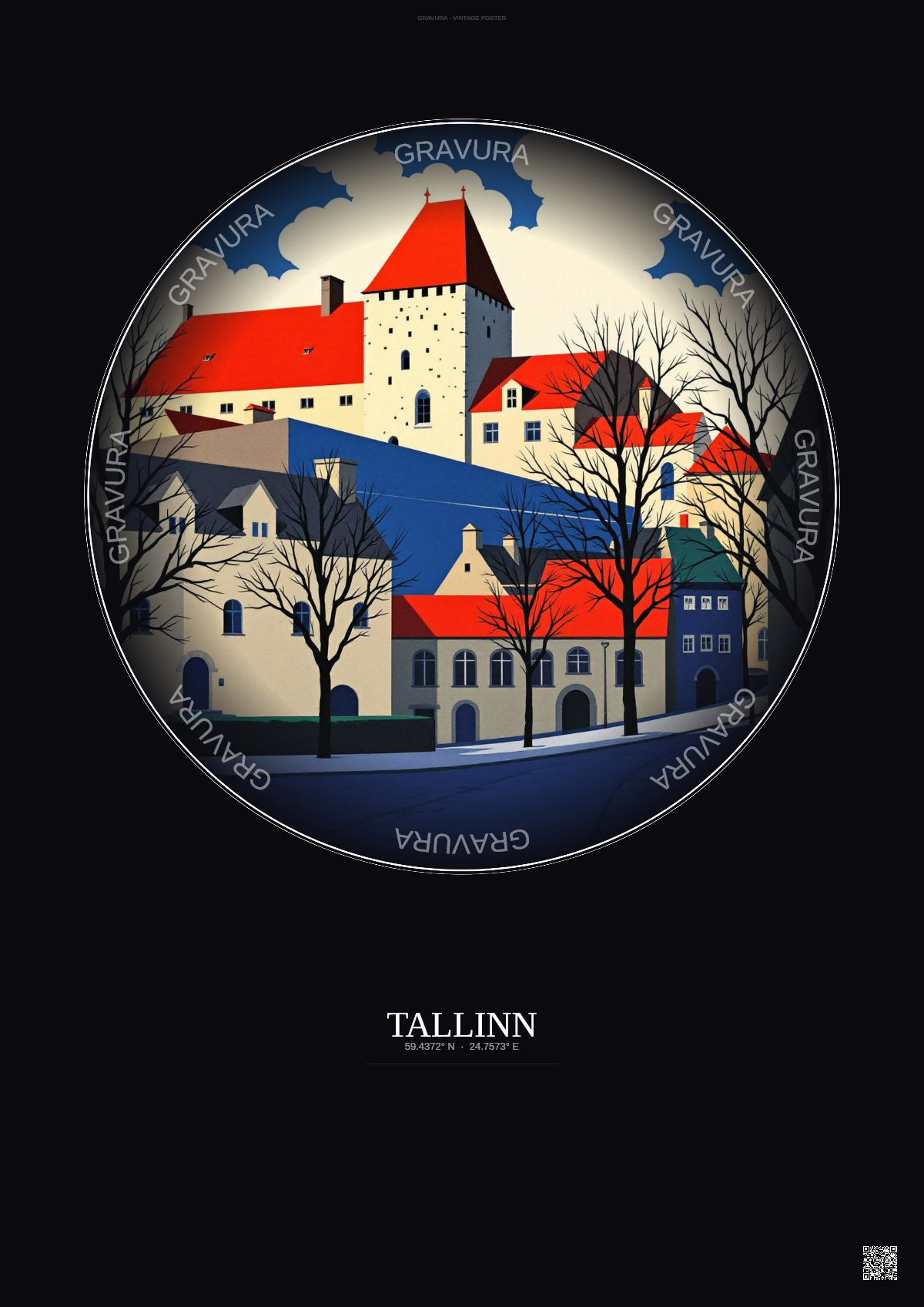 Affiche Tallinn – Poster illustration vintage – Banned Books Museum | Gravura – Fond foncé