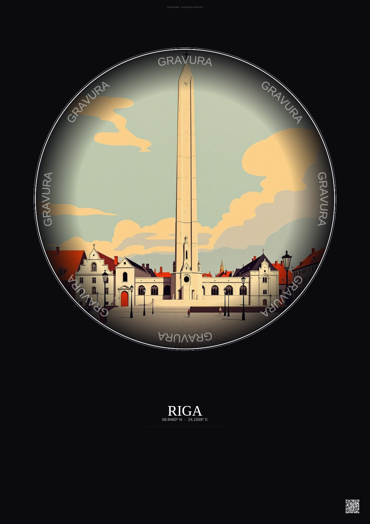 Affiche Riga – Poster illustration vintage – Freedom Monument | Gravura – Fond foncé