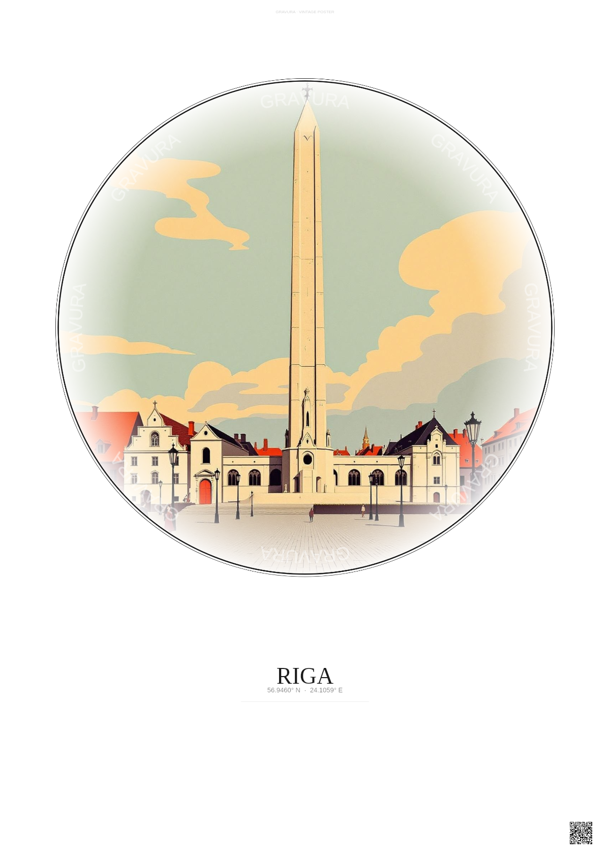 Affiche Riga – Poster illustration vintage – Freedom Monument | Gravura – Fond clair