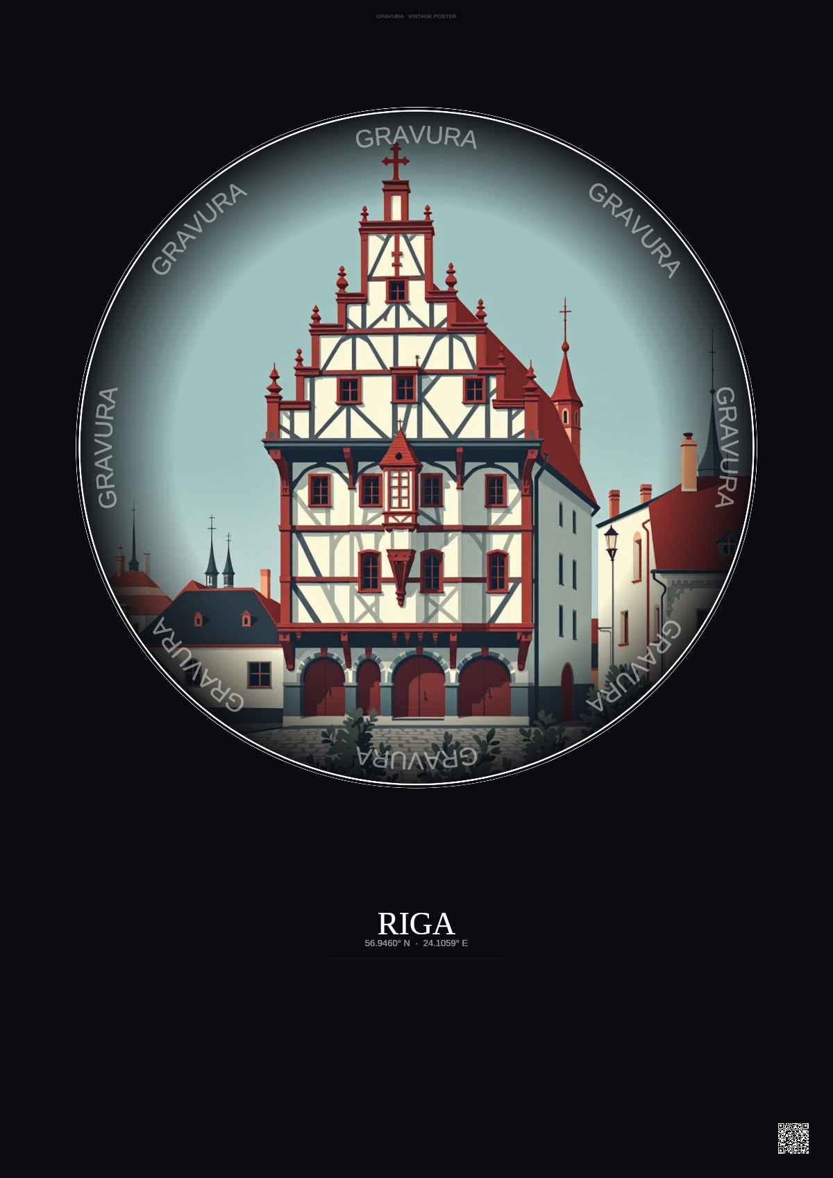 Affiche Riga – Poster illustration vintage – House Of The Blackheads | Gravura – Fond foncé