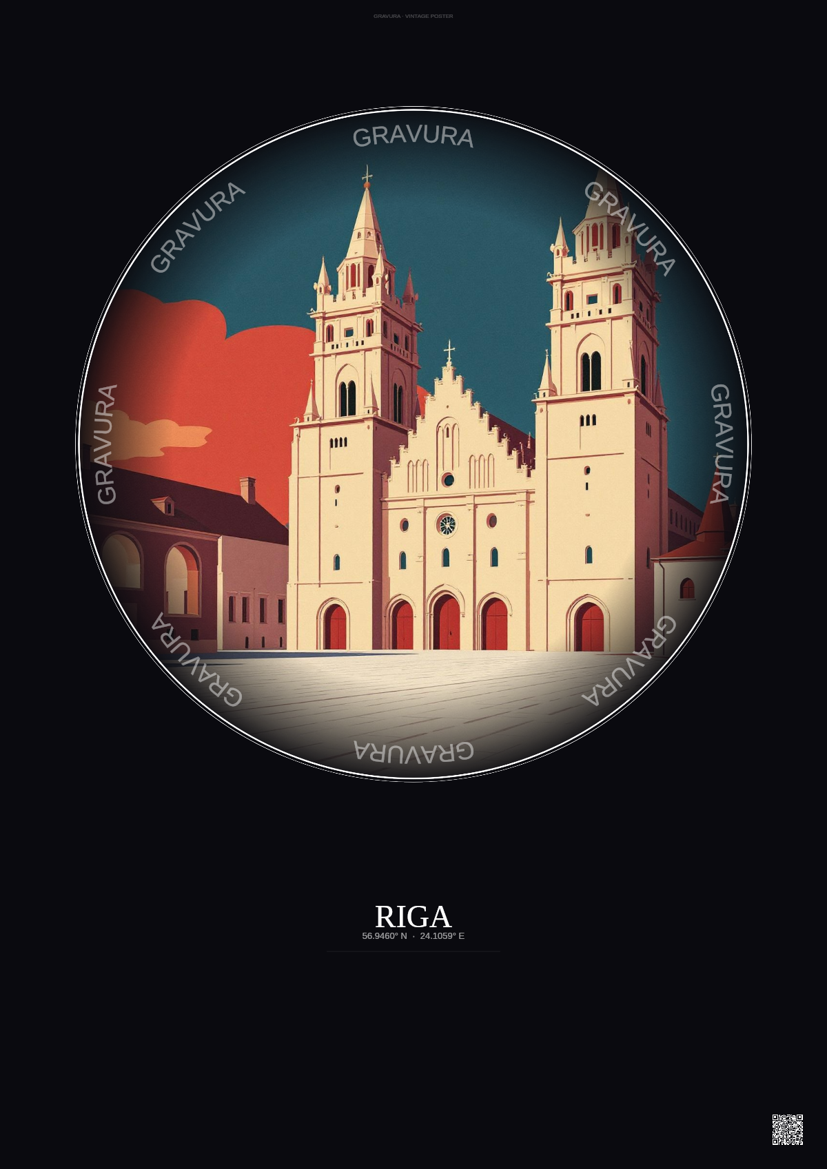 Affiche Riga – Poster illustration vintage – Riga Cathedral | Gravura – Fond foncé
