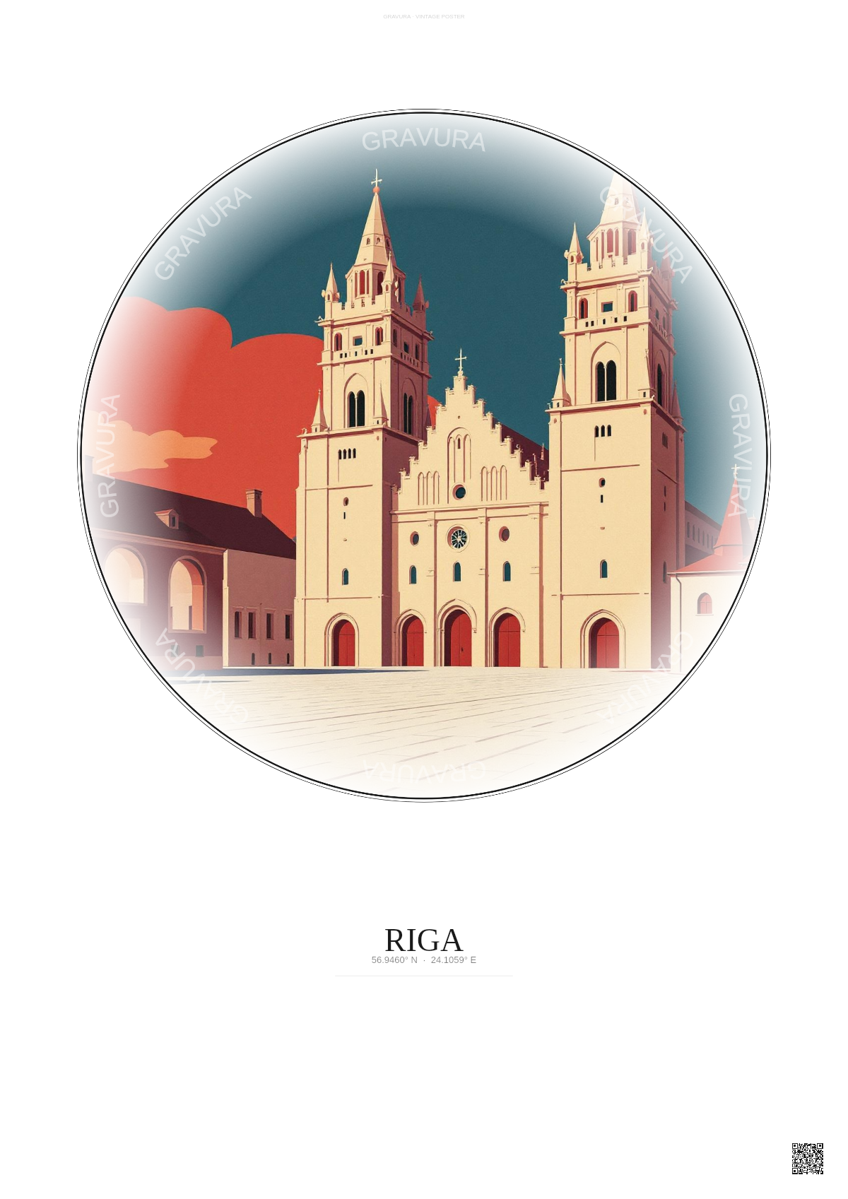 Affiche Riga – Poster illustration vintage – Riga Cathedral | Gravura – Fond clair