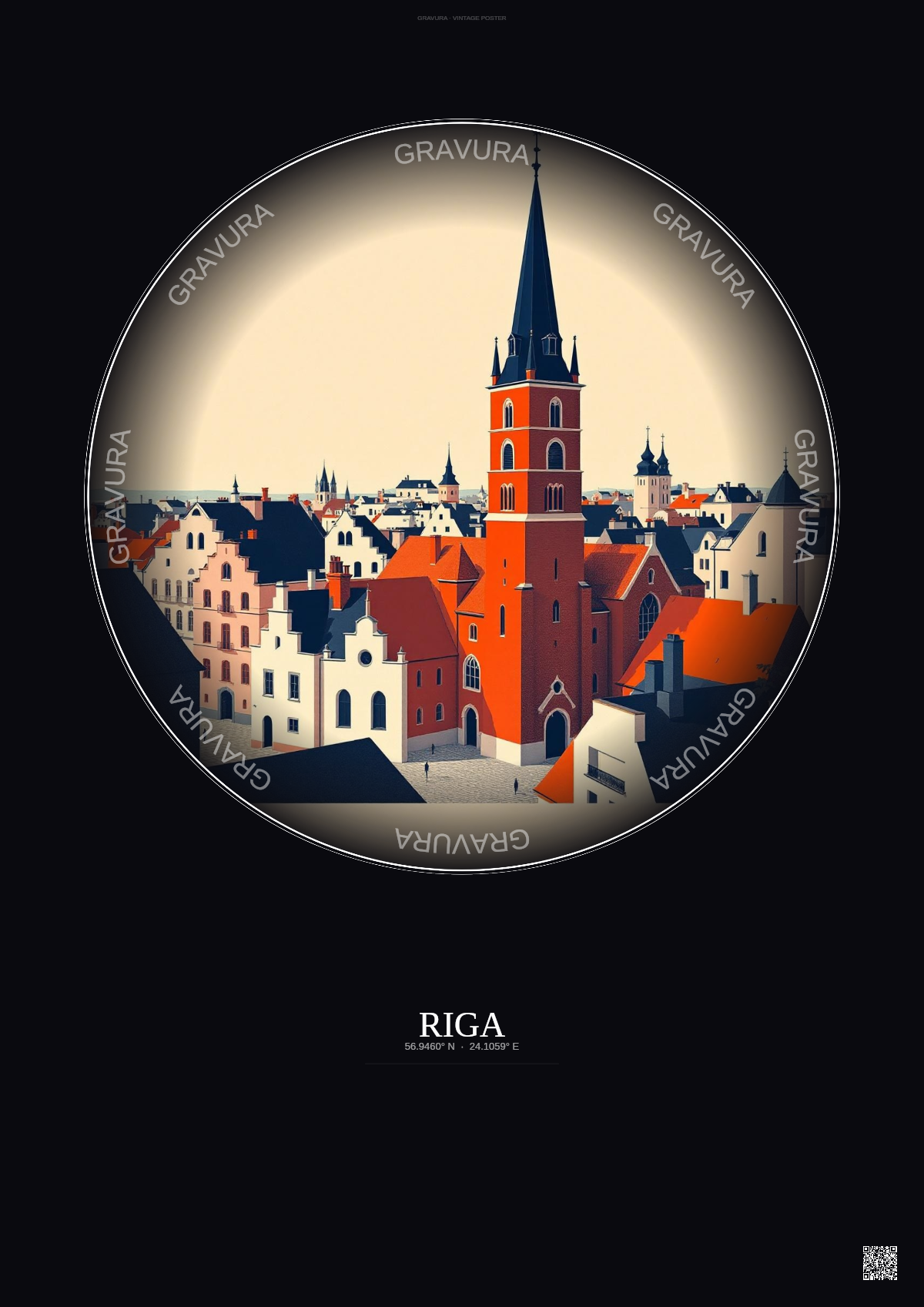 Affiche Riga – Poster illustration vintage – St Peter S Church | Gravura – Fond foncé