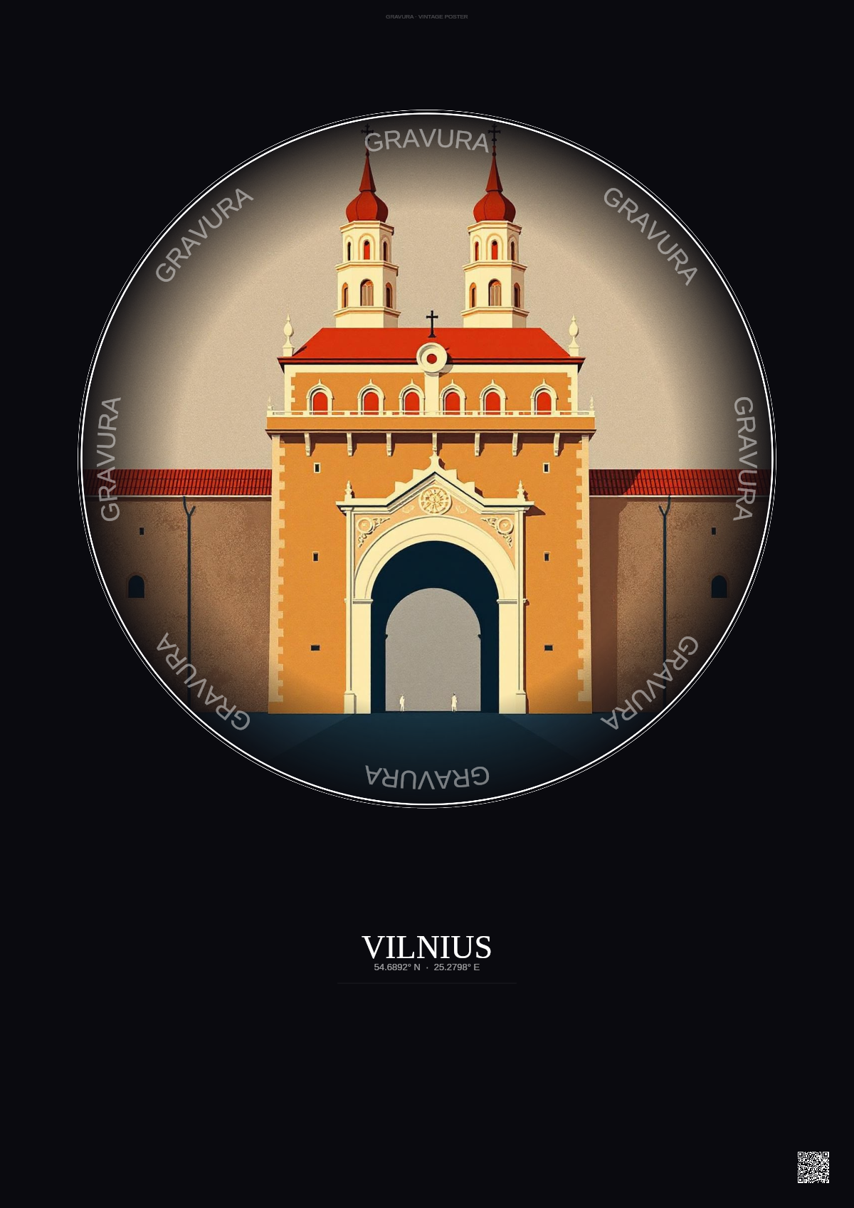 Affiche Vilnius – Poster illustration vintage – Gate Of Dawn | Gravura – Fond foncé