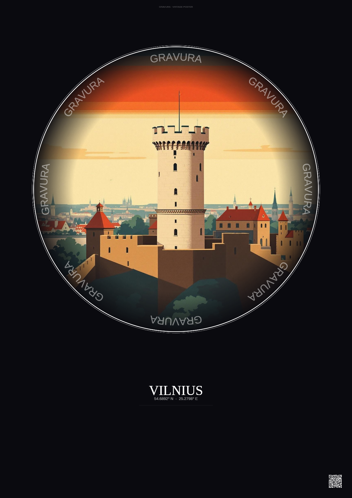 Affiche Vilnius – Poster illustration vintage – Gediminas Tower | Gravura – Fond foncé