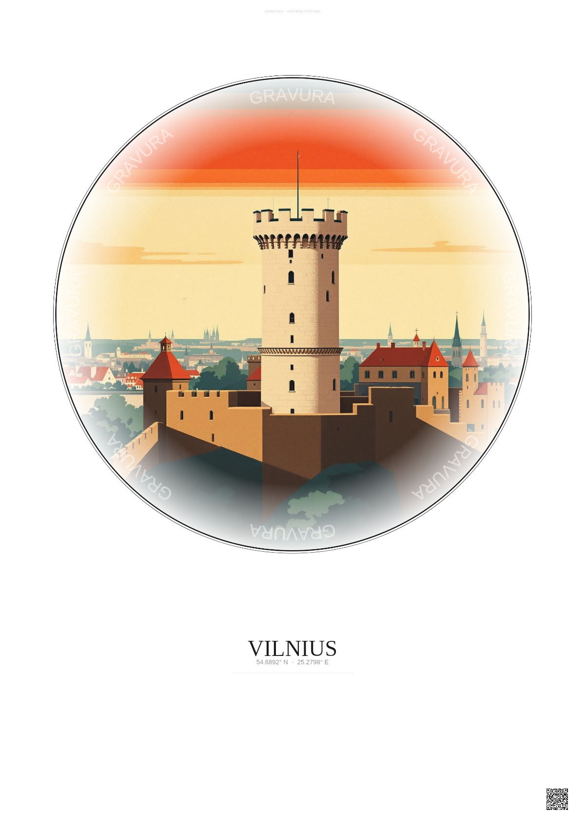Affiche Vilnius – Poster illustration vintage – Gediminas Tower | Gravura – Fond clair