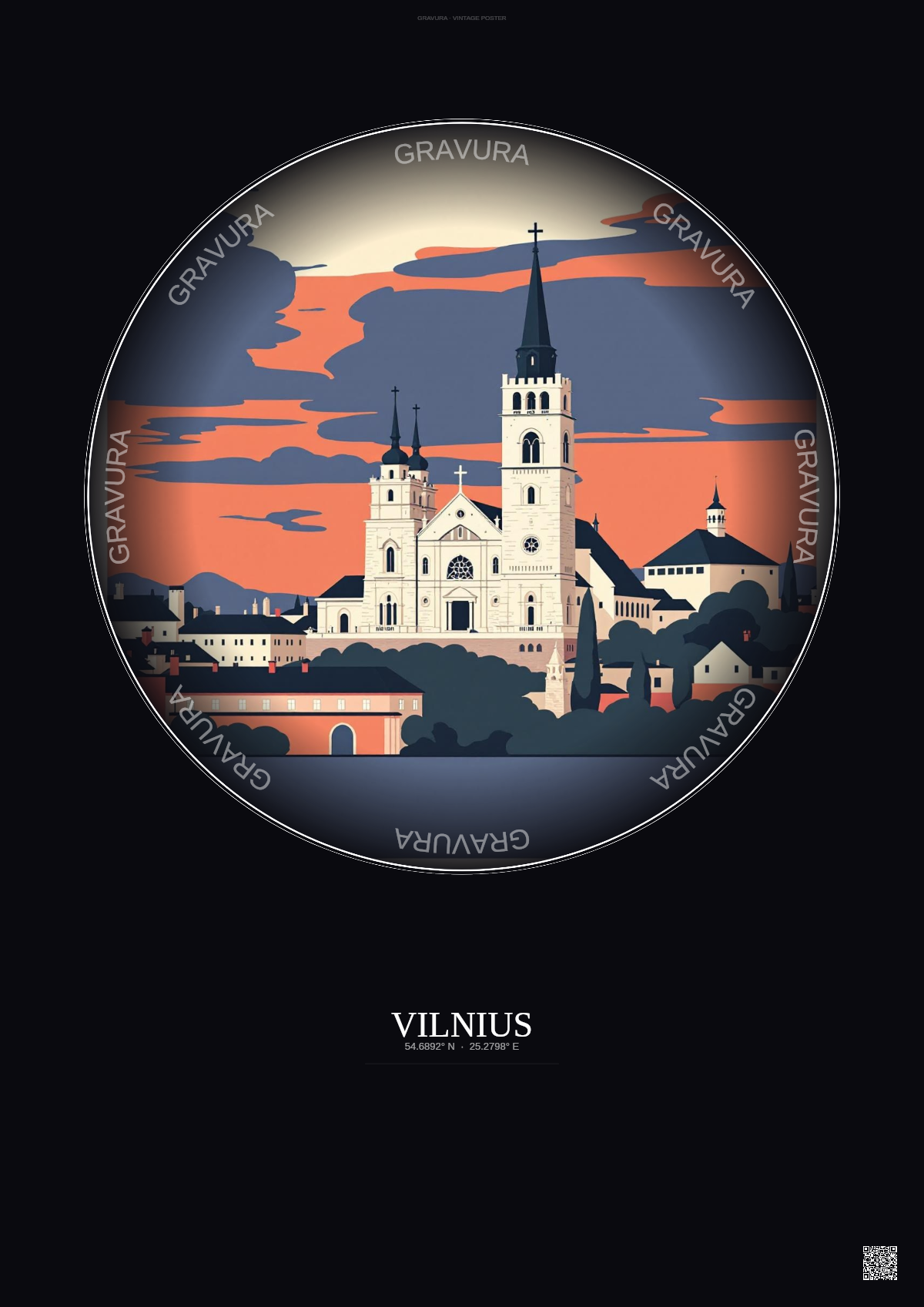 Affiche Vilnius – Poster illustration vintage – Vilnius Cathedral | Gravura – Fond foncé