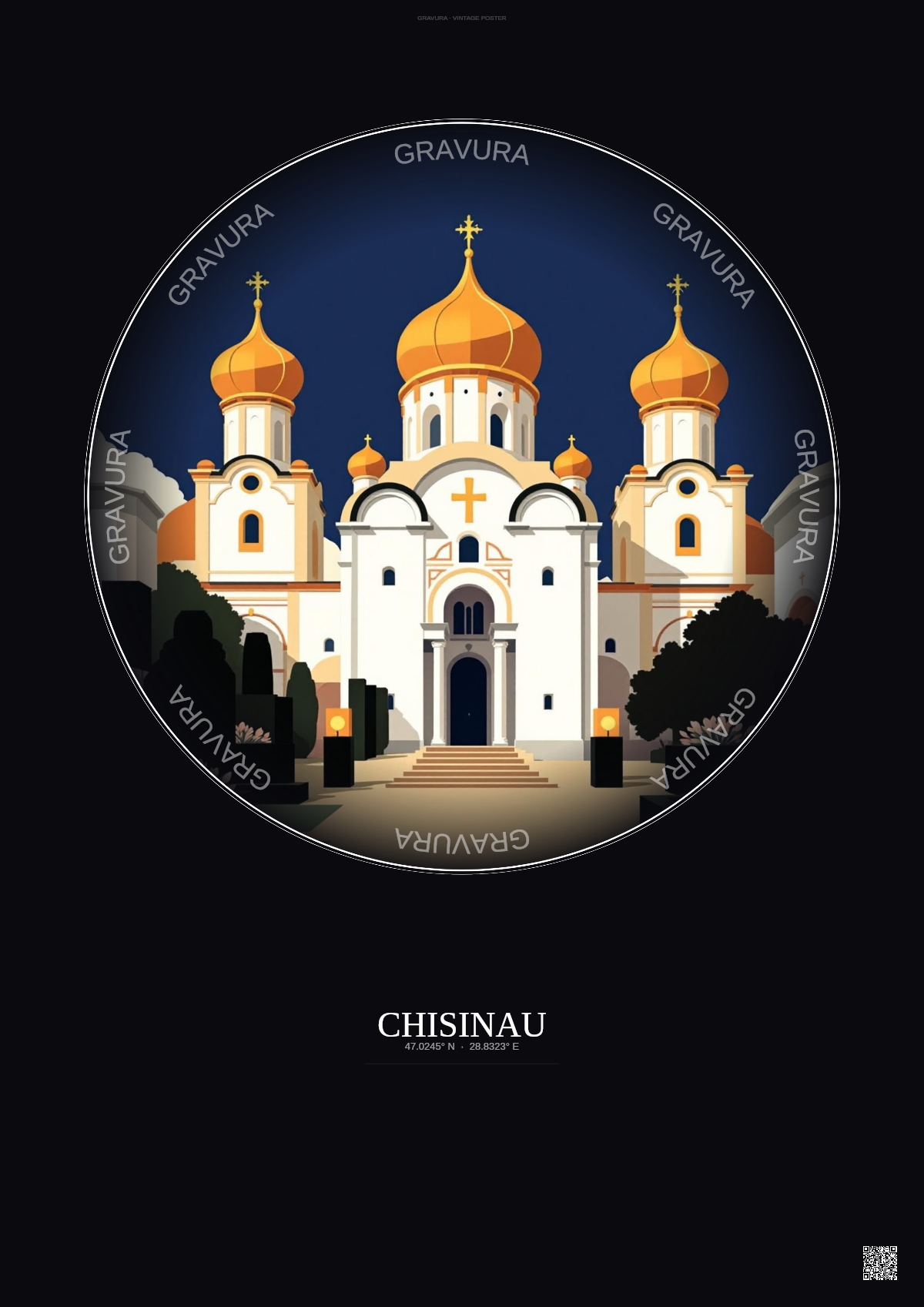 Affiche Chisinau – Poster illustration vintage – Nativity Of Christ Cathedral | Gravura – Fond foncé