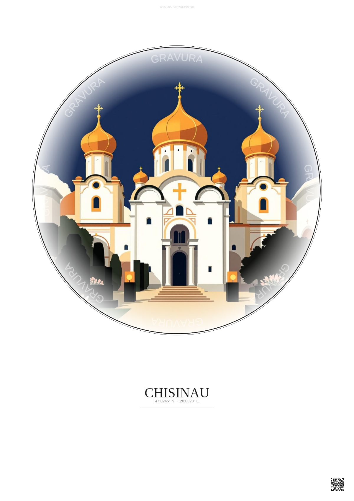 Affiche Chisinau – Poster illustration vintage – Nativity Of Christ Cathedral | Gravura – Fond clair