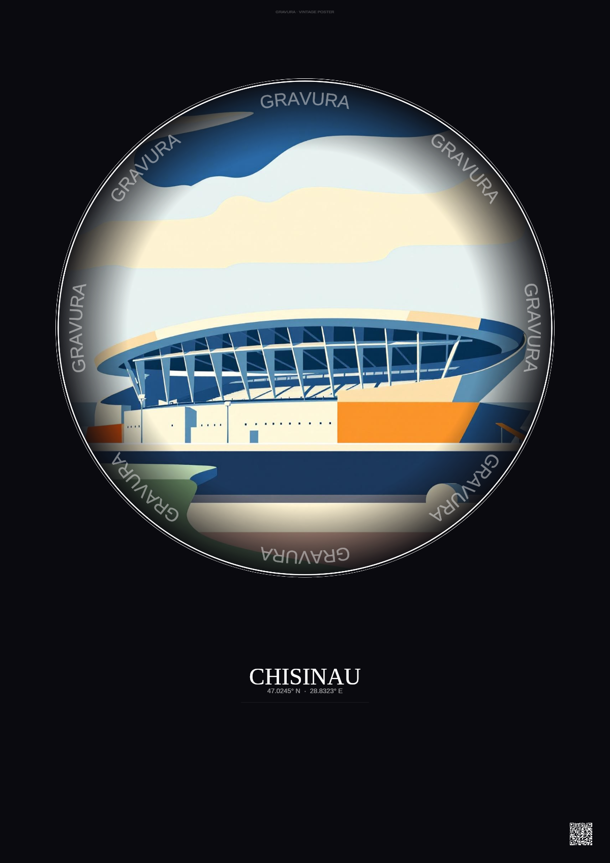 Affiche Chisinau – Poster illustration vintage – Stadionul Republican | Gravura – Fond foncé