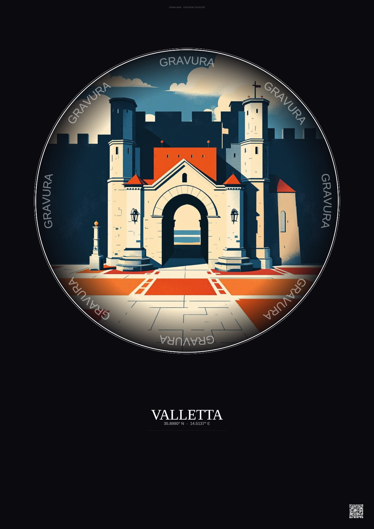 Affiche Valletta – Poster illustration vintage – City Gate | Gravura – Fond foncé