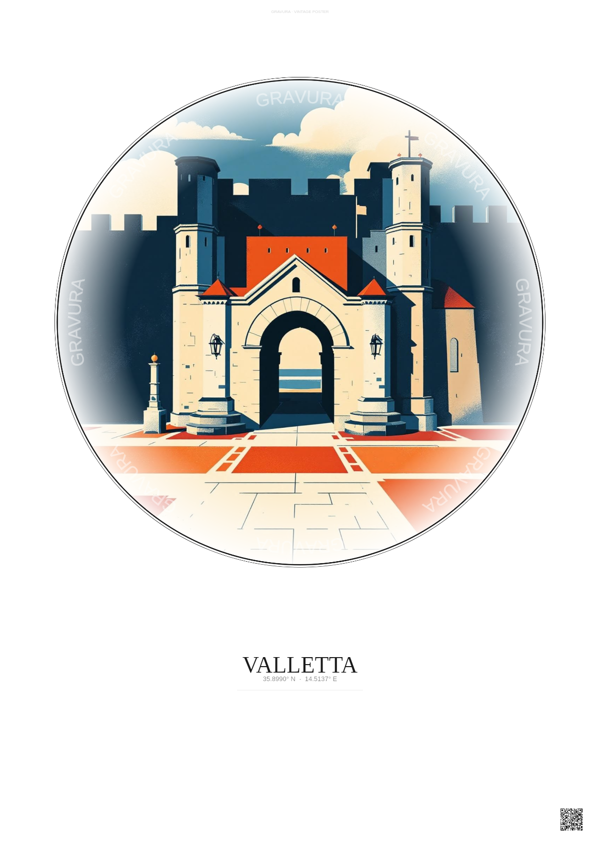 Affiche Valletta – Poster illustration vintage – City Gate | Gravura – Fond clair