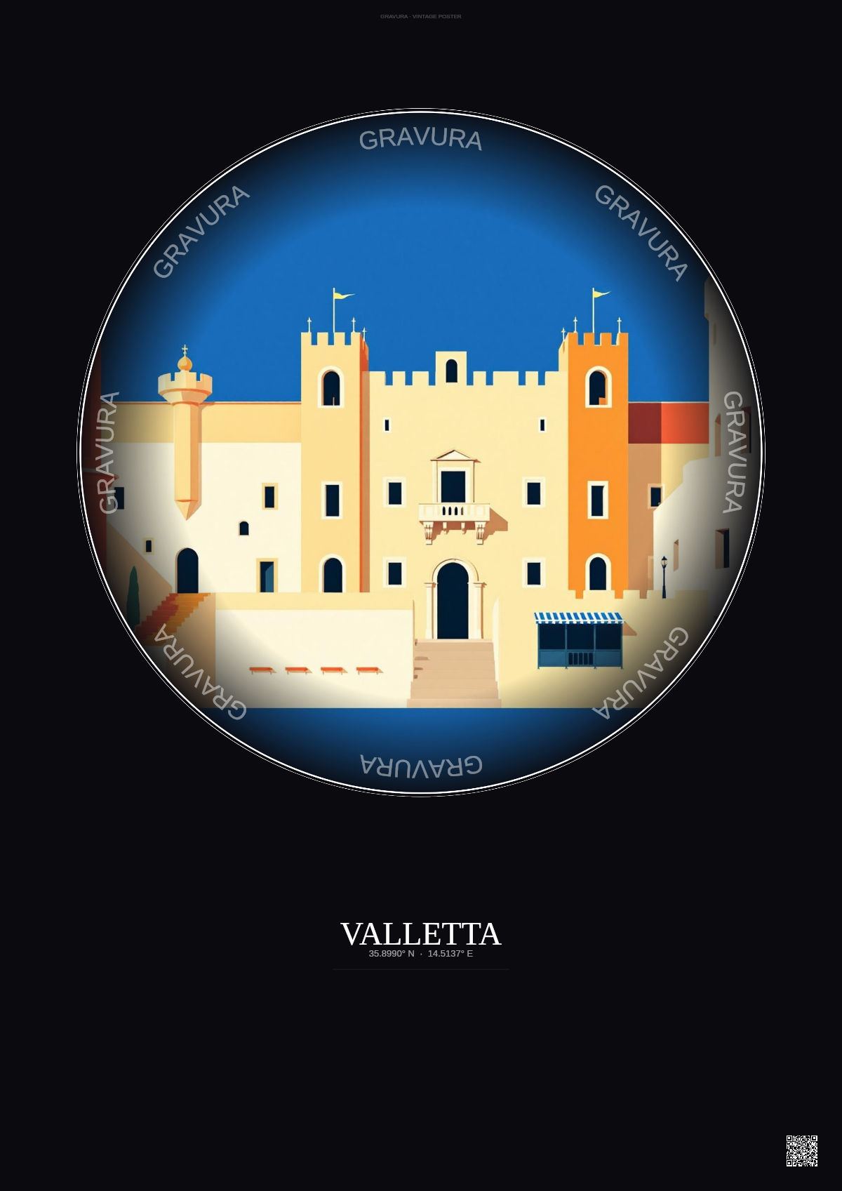 Affiche Valletta – Poster illustration vintage – Grandmaster S Palace | Gravura – Fond foncé