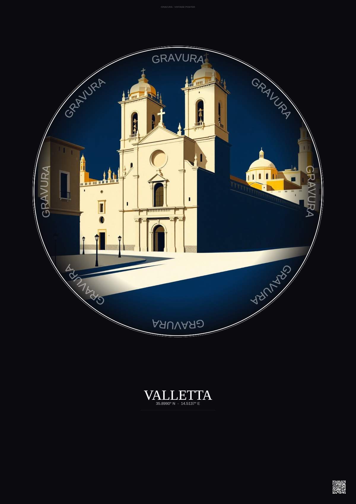 Affiche Valletta – Poster illustration vintage – St John S Co Cathedral | Gravura – Fond foncé
