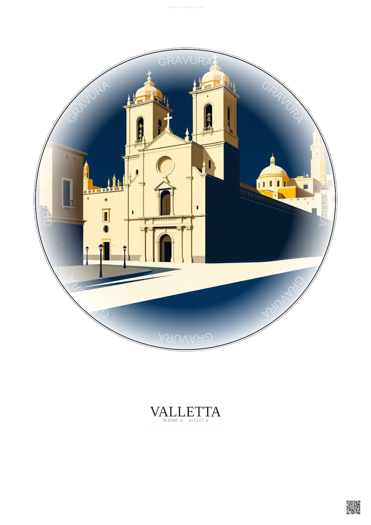Affiche Valletta – Poster illustration vintage – St John S Co Cathedral | Gravura – Fond clair