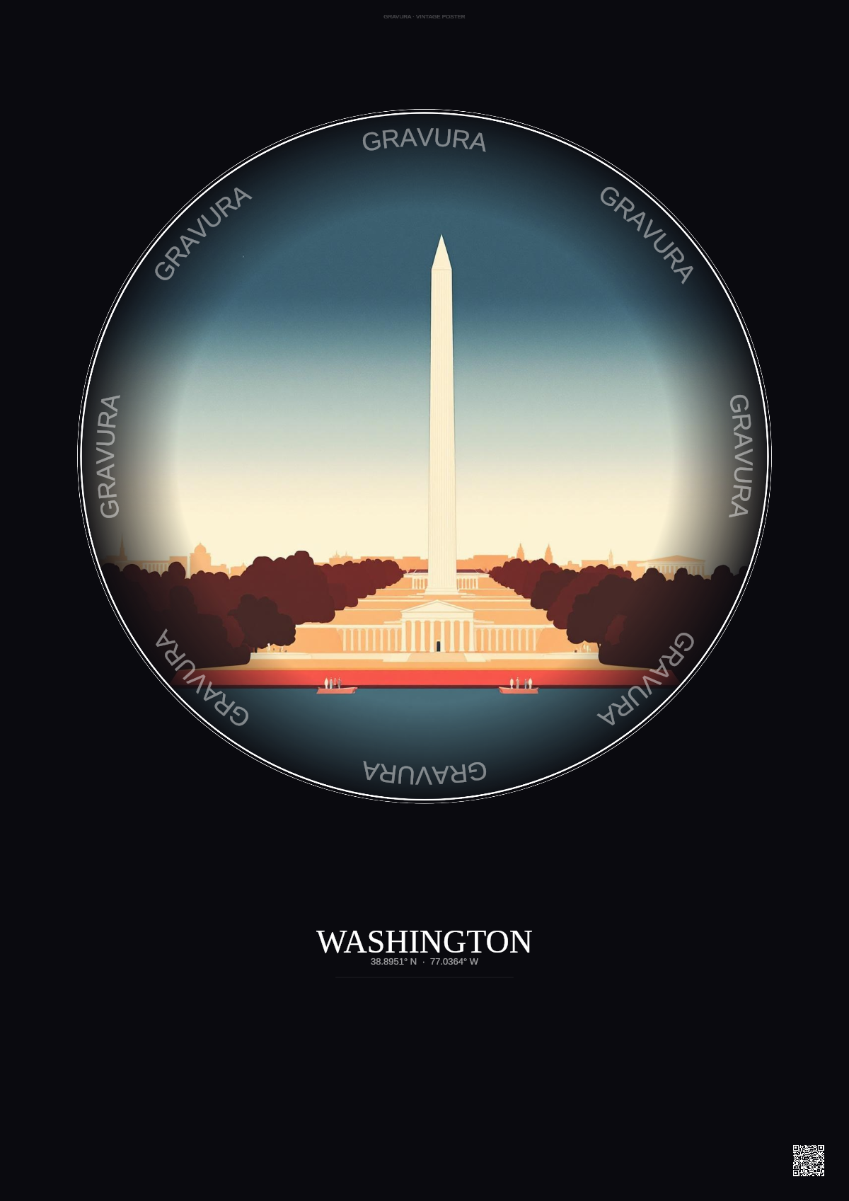 Affiche Washington – Poster illustration vintage – Famous Viewpoint Of Washington | Gravura – Fond foncé