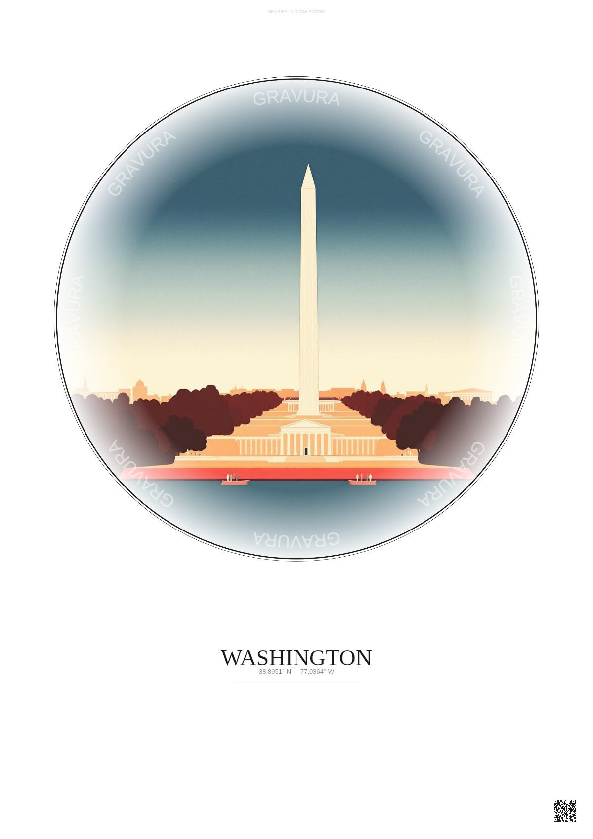 Affiche Washington – Poster illustration vintage – Famous Viewpoint Of Washington | Gravura – Fond clair