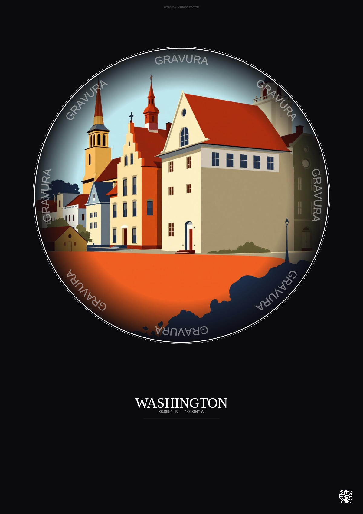 Affiche Washington – Poster illustration vintage – Historic Old Town Of Washington | Gravura – Fond foncé