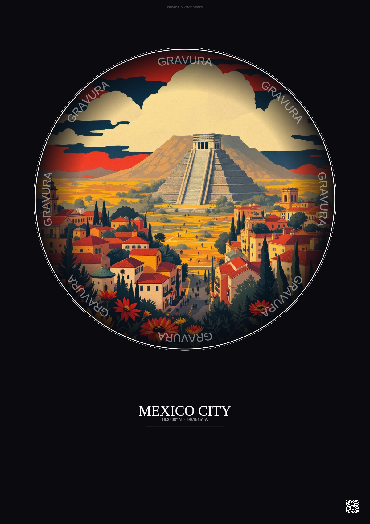 Affiche Mexico City – Poster illustration vintage – Famous Viewpoint Of Mexico City | Gravura – Fond foncé